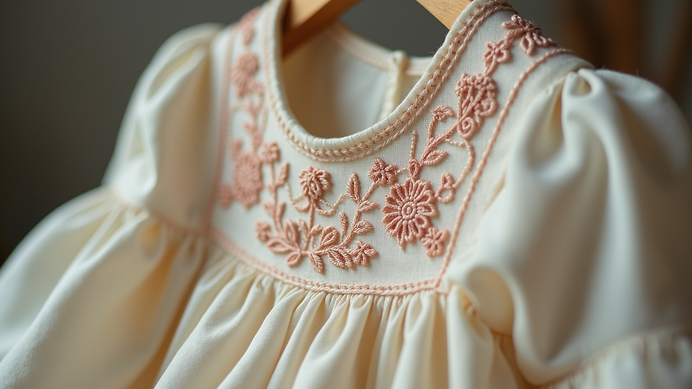 Close-up view of a handmade baby dress with intricate embroidery