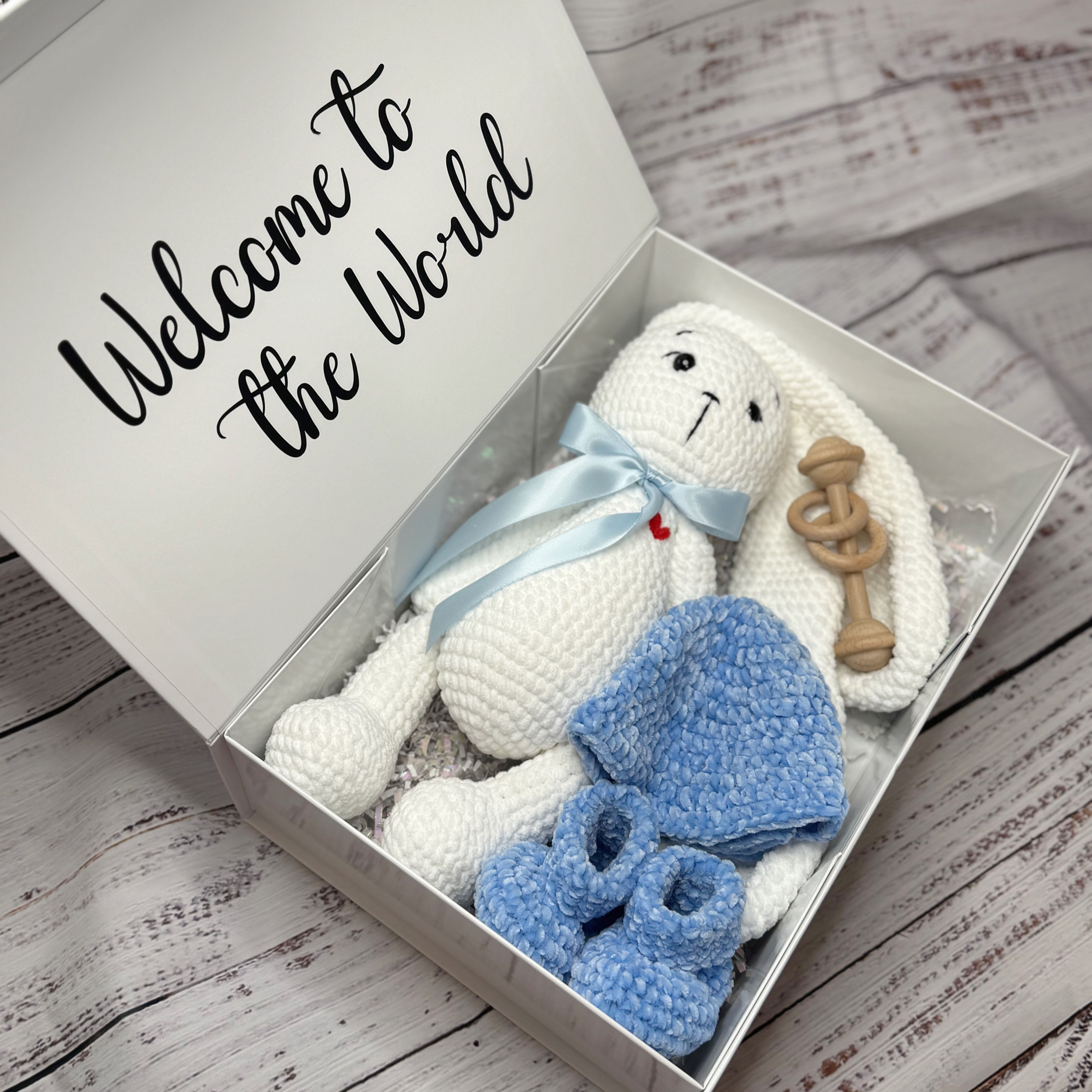 Personalized Newborn Gift Box | Bunny Plush, Rattle, Crochet Hat & Booties