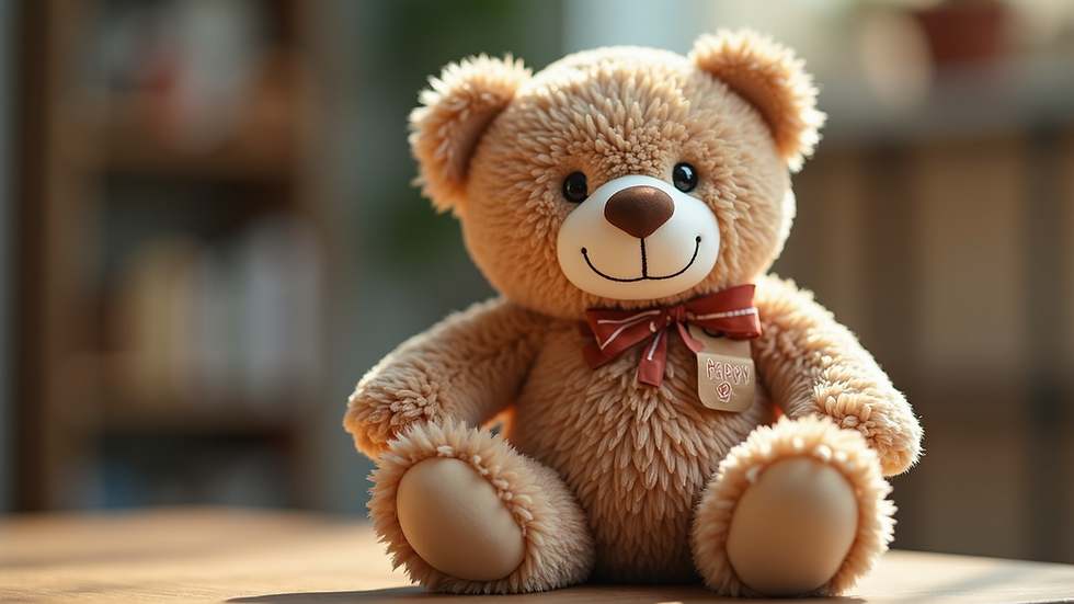 Close-up view of a personalized plush teddy bear with a name tag
