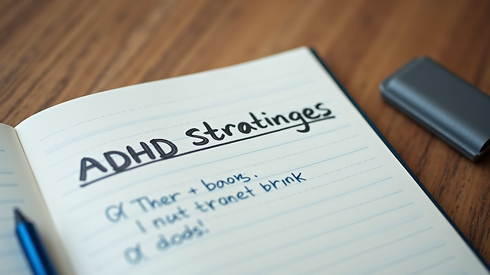 Close-up view of a notebook with ADHD coping strategies written