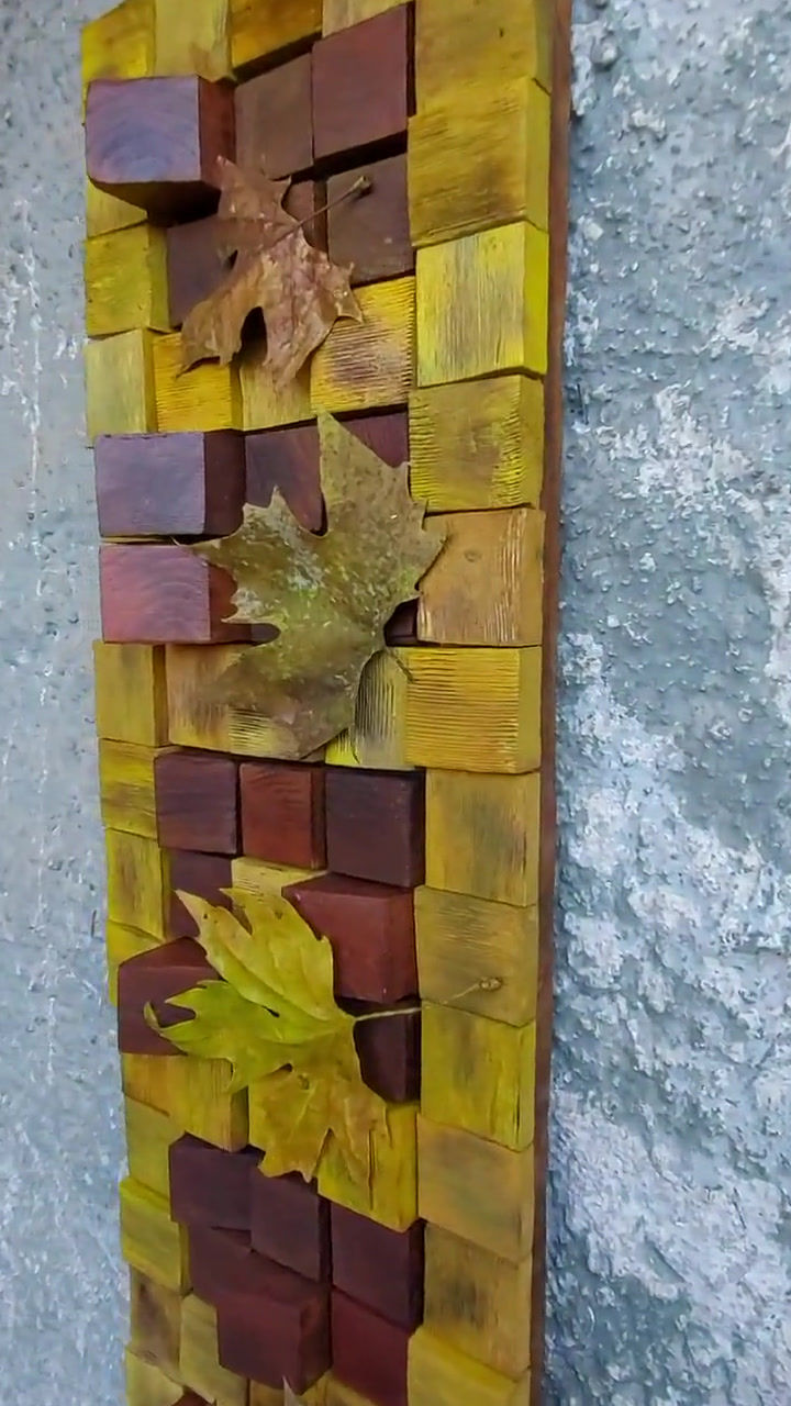 Thumbnail: Title : Autumn colors, wall Sculpture. An original handmade Wood Wall Art, made with small wooden squares.  By Dreamodelers.