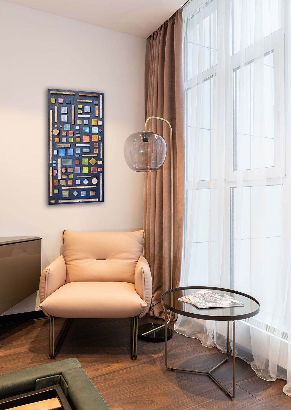 Thumbnail: A modern synthesis with small pieces of wood painted in a very special way. A unique artistic wall art composition.