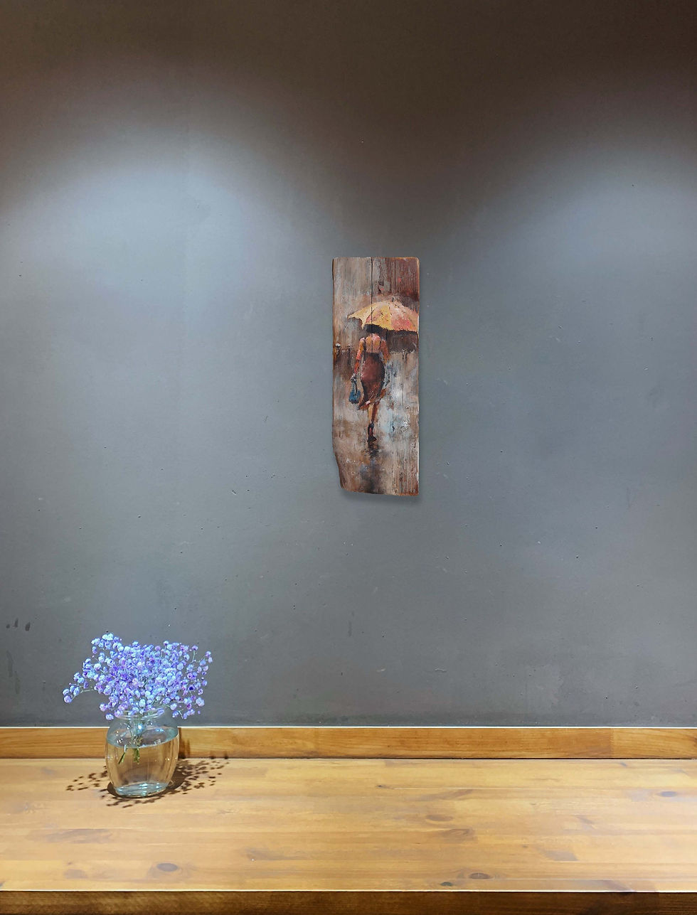 Thumbnail: Painting on reclaimed wood. The synthesis presents a woman with a brown dress walking in the rain. By the Dreamodelers.