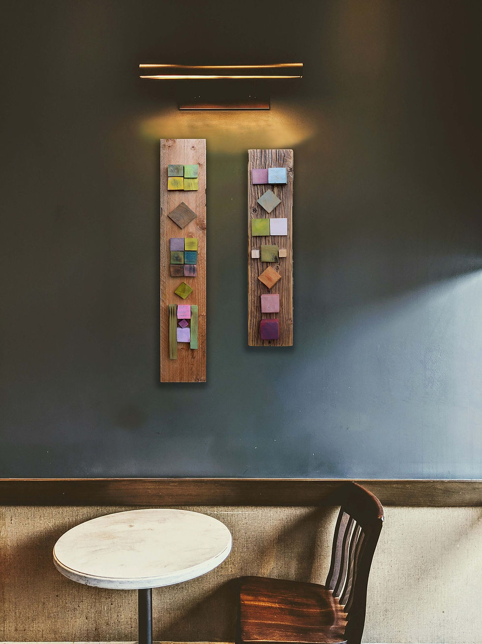 Thumbnail: Optical message 1. It's a Wood Wall Art, made by small wooden squares  stuck on a reclaimed wood taken next  to the sea.