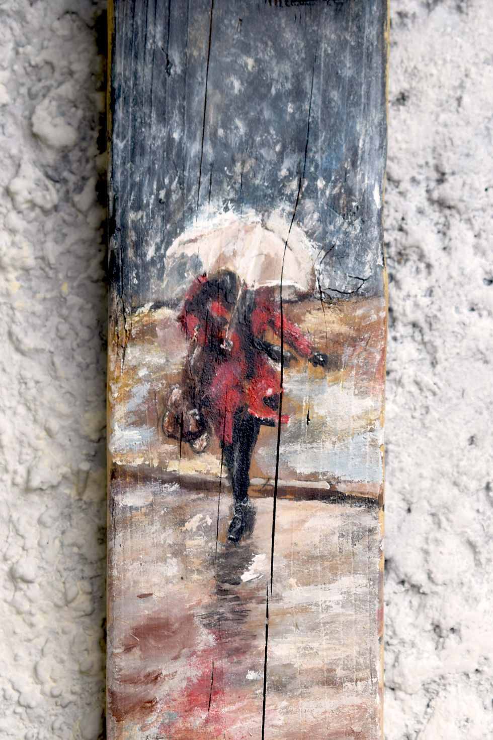 Thumbnail: Painting on wood, Under the umbrella. An old sea wooden board painted with acrylics, an original handmade work. Dreamodelers.