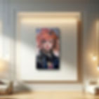 A wooden wall mosaic representing a woman with red hair in pixel format placed in an interior space.