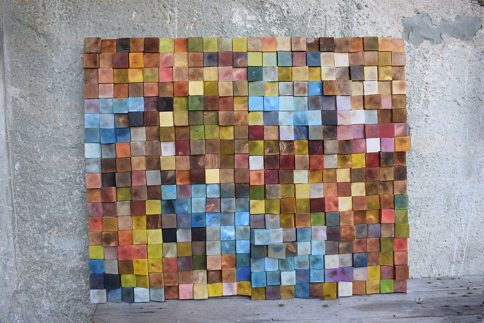 Thumbnail: Water lilies.  An abstract 3D wood sculpture, an original Wood Wall Art, made by small wooden painted squares.  Dreamodelers.