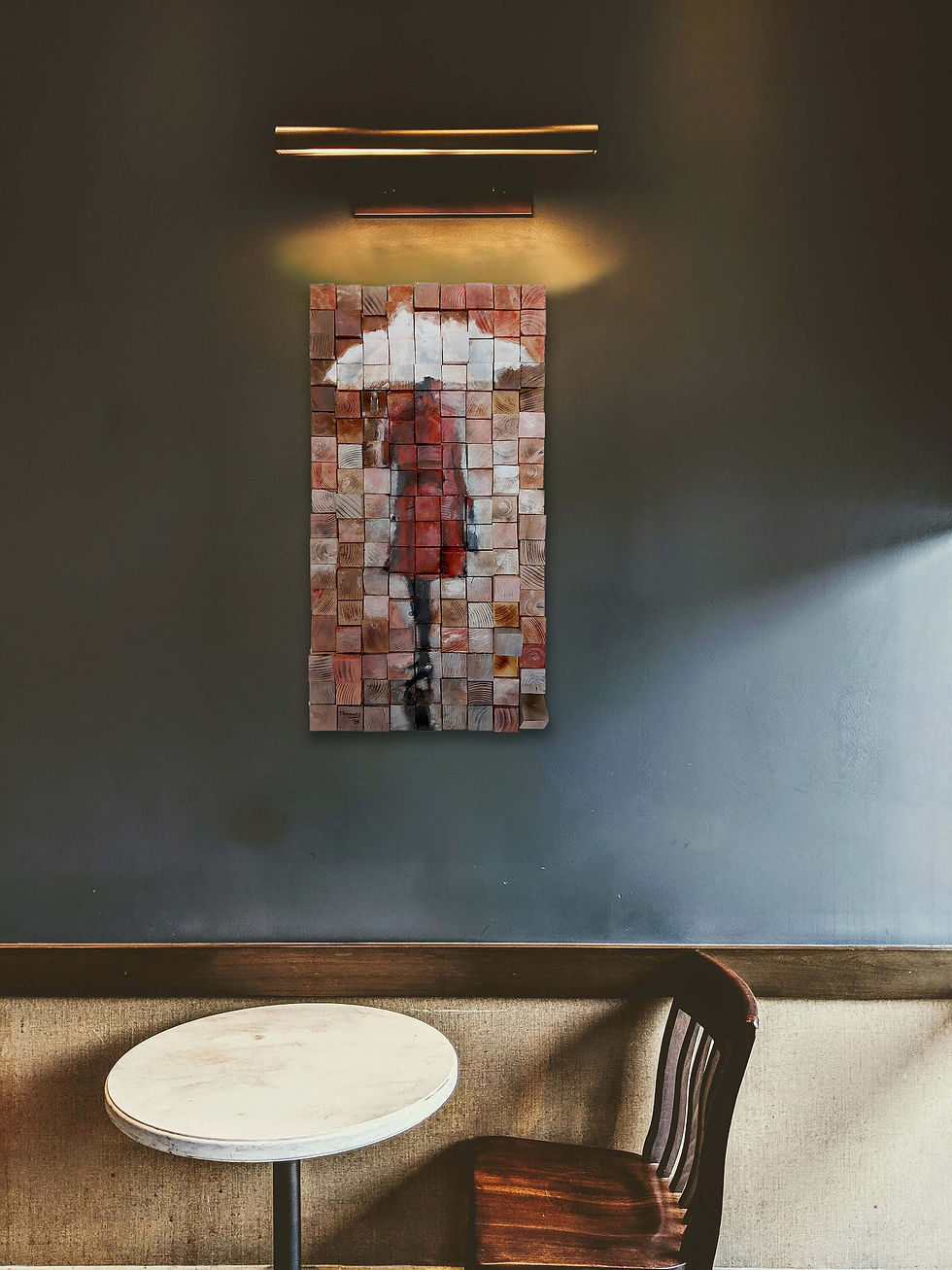 Thumbnail: An abstract 3D wood sculpture (on a wall), a unique Wood wall art painting, made by small wooden squares in various depths.