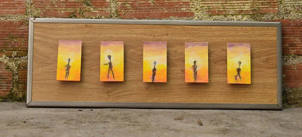 Thumbnail: Painted cards. A modern synthesis, made by five recycled and painted cardboards stacked in front of a laminate wood.