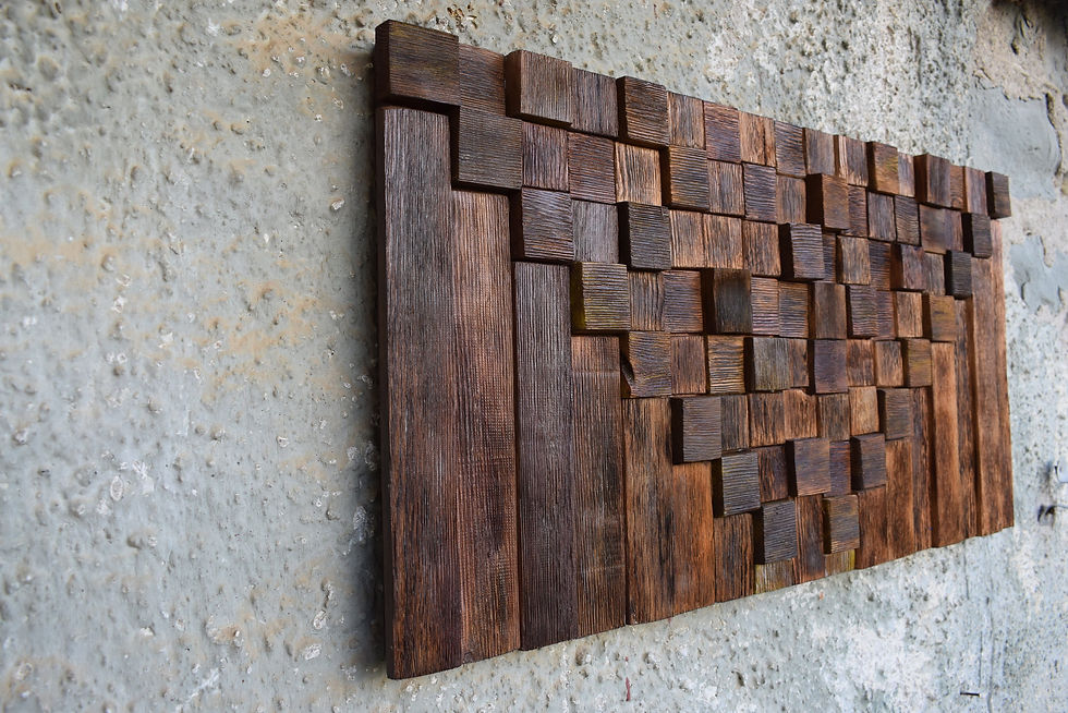 Thumbnail: Geometric wall art, wood wall art sculpture. A 3D wood sculpture, a handmade Wood Wall Art, made by small brown woods.