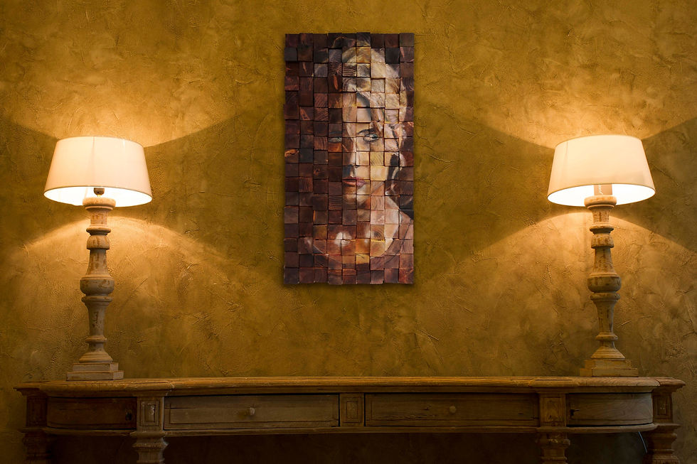 Thumbnail: A wood mosaic made of painted small woods, which uniquely depicts a "woman woman through dark shades". By Dreamodelers.