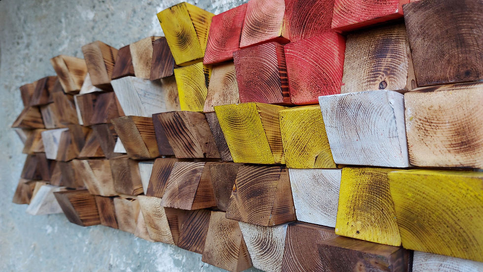 Thumbnail: Title : "The change". A modern 3D wood sculpture, an original handmade Wood Wall Art, made by small wooden triangles.