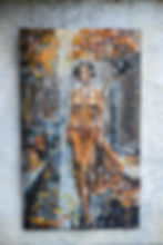 Thumbnail: Wood paint and partially mosaic presenting a walking woman with a gold dress.