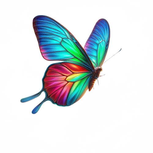 Colorful butterfly in flight over vibrant red flowers and green leaves
