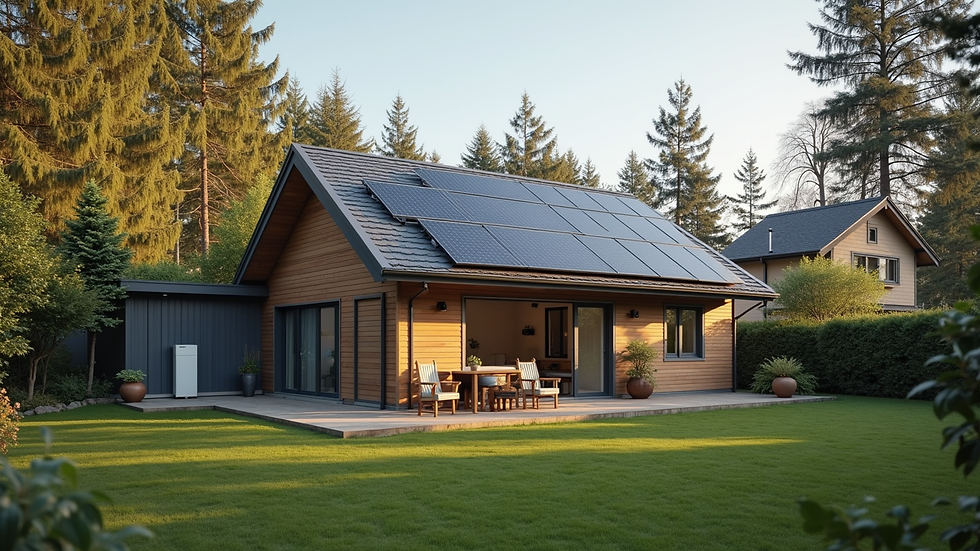 Wide angle view of a Surrey home with solar panels and battery storage unit