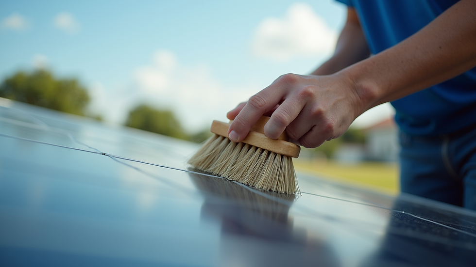 Close-up view of a person cleaning a solar panel with a soft brush