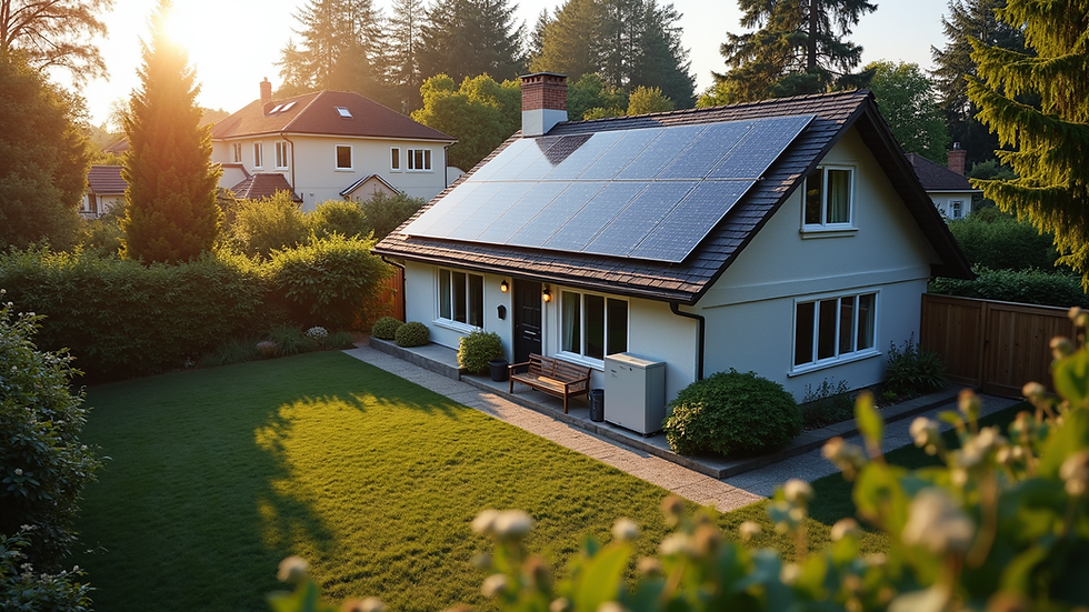 High angle view of a Surrey home with solar panels and a battery storage unit installed