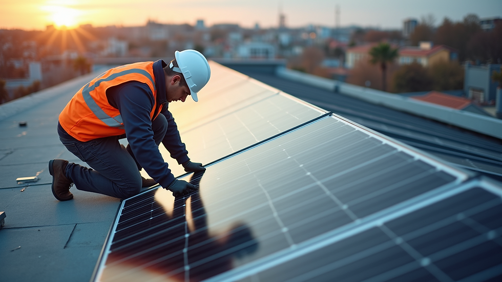High angle view of a technician inspecting solar panels on a rooftop