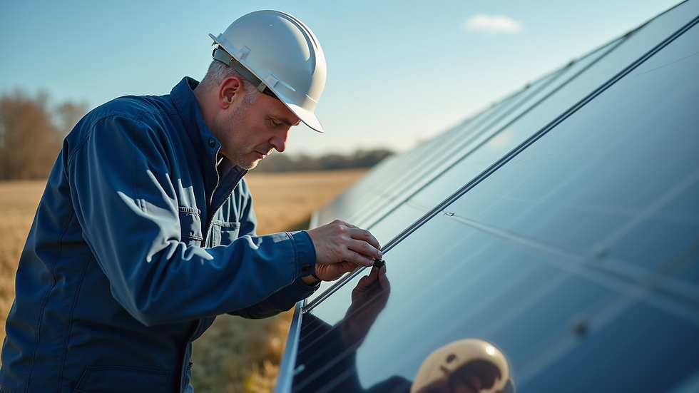 Close-up view of a technician inspecting solar panel connections
