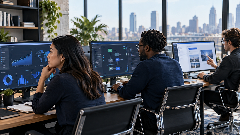 Three different technical professionals at adjacent workstations: analytical charts, model deployment, AI application interface