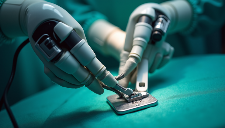 High angle view of AI-powered robotic surgery equipment in operation