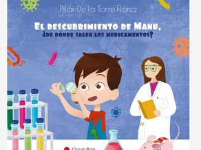 Dibujo de un niño frente a material de laboratorio y una mujer con bata blanca detrás