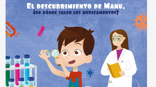 Dibujo de un niño frente a material de laboratorio y una mujer con bata blanca detrás