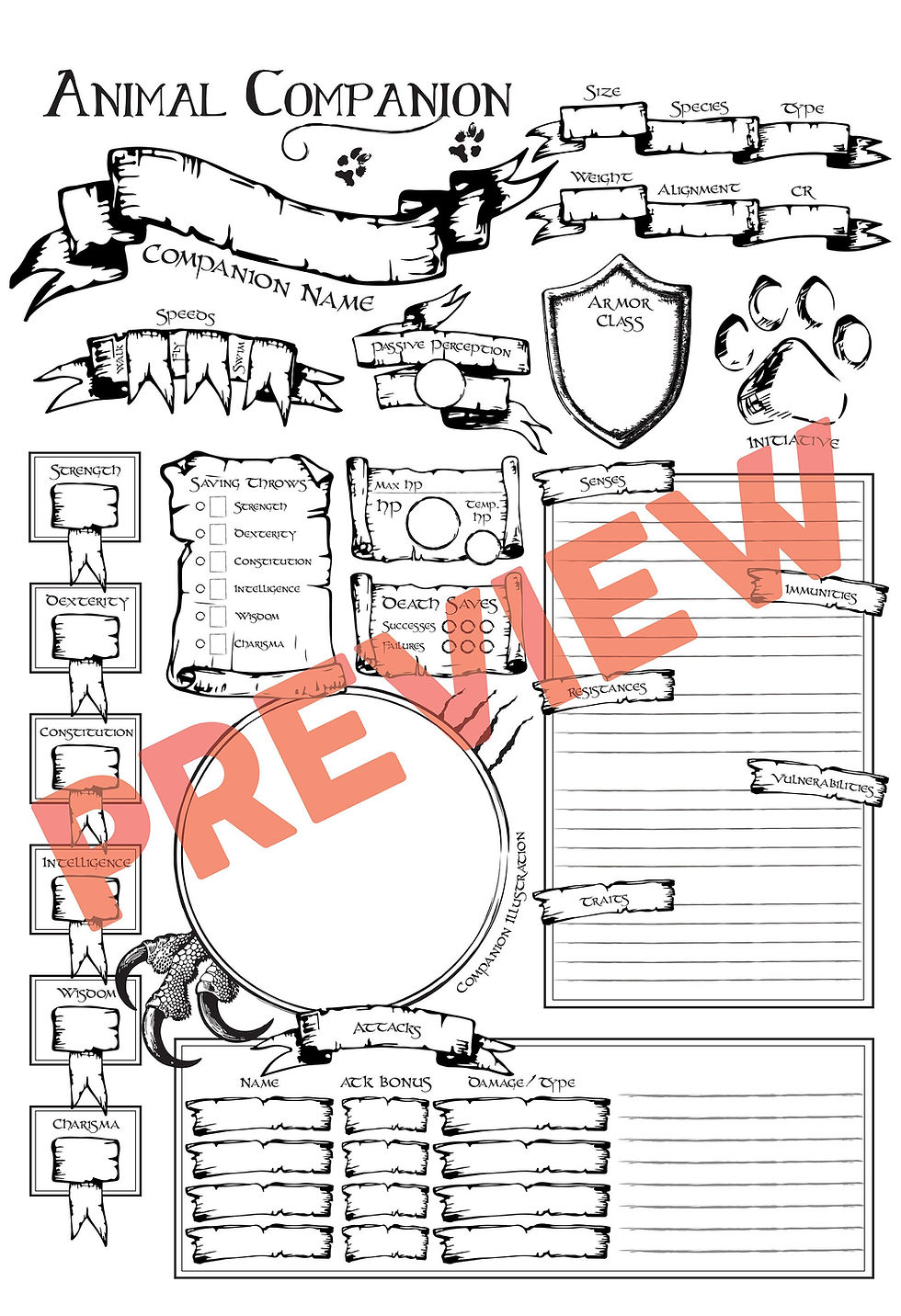 Thumbnail: D&D Animal Companion Character Sheet *PDF DOWNLOAD* Fillable
