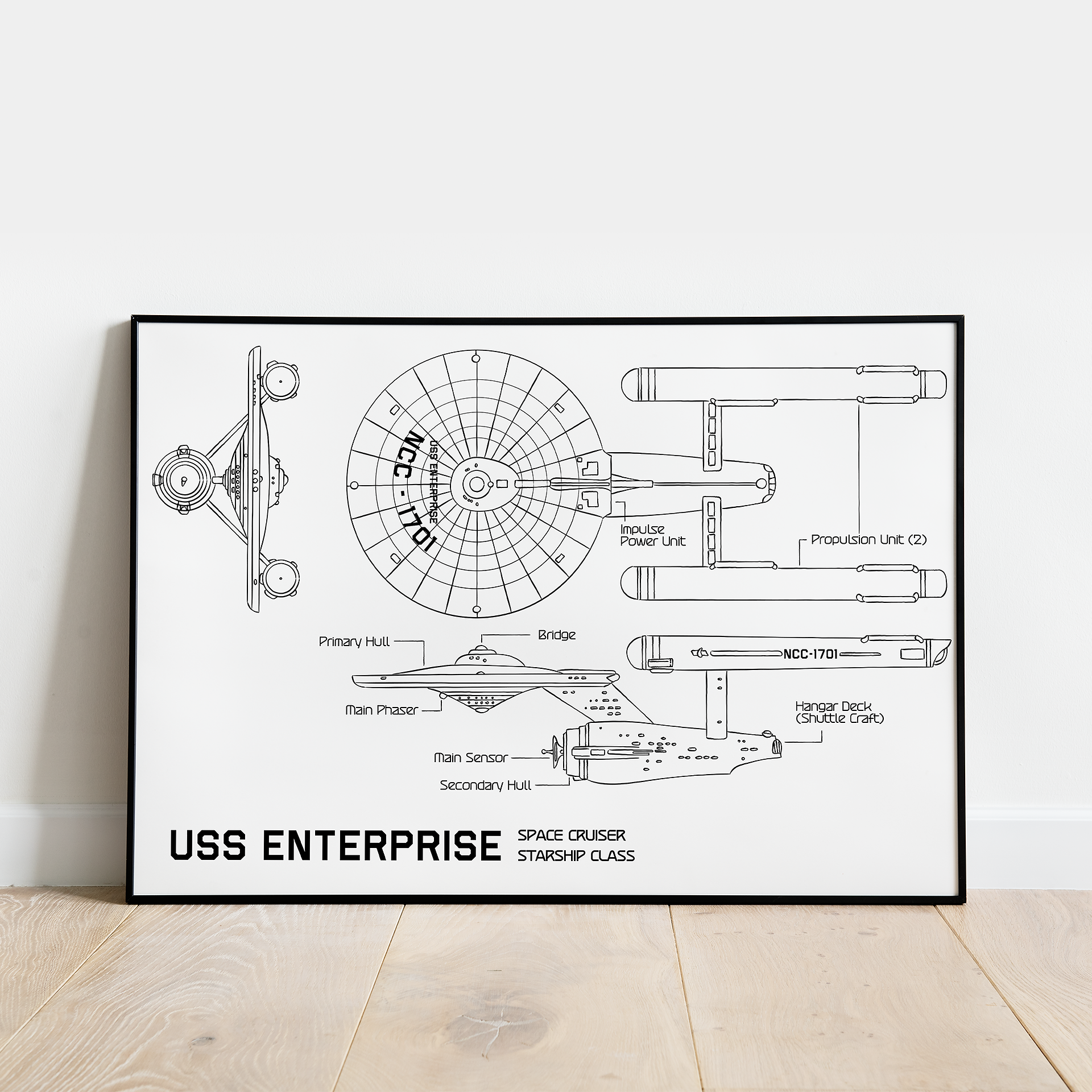 USS Enterprise Star Trek Spaceship Schematics horizontal with a white background