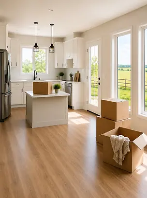 A clean kitchen looking out into a yard  with boxes partially moved in.