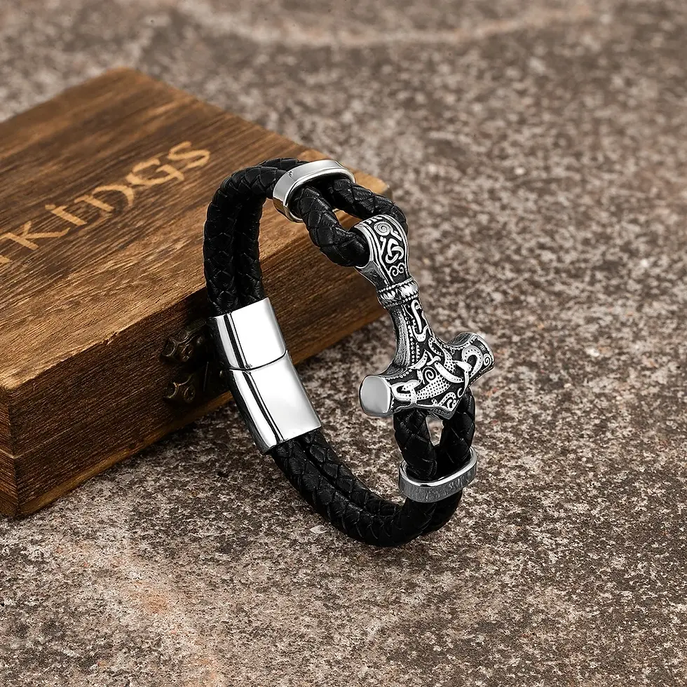 Thumbnail: MKENDN Men Vikings Style Genuine Leather Bracelet