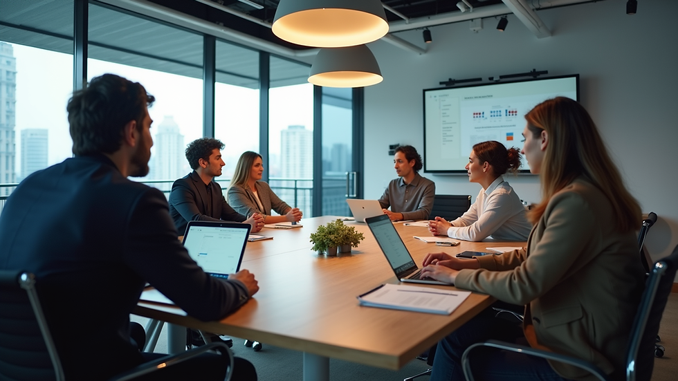 Eye-level view of a modern office meeting room with diverse team discussing strategy