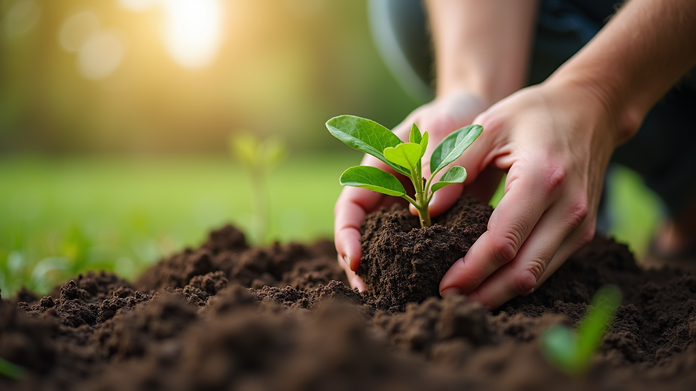 Close-up view of hands planting a young tree in soil, symbolizing environmental responsibility