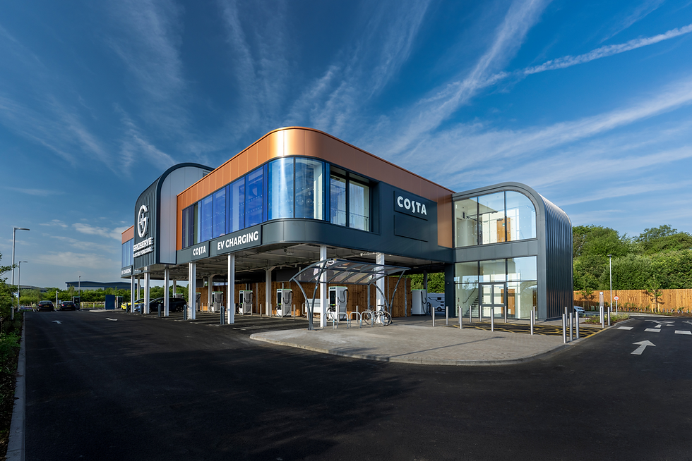 Modern EV charging hub and Costa Coffee building to Find a ZenBay location.