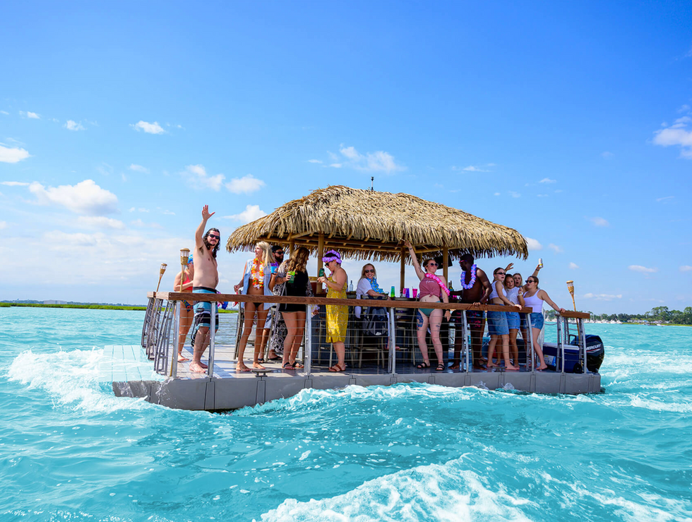 Floating tiki bar boat big huts part barge