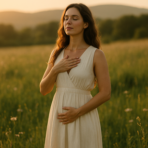 A peaceful woman in nature connected to her feminine essence