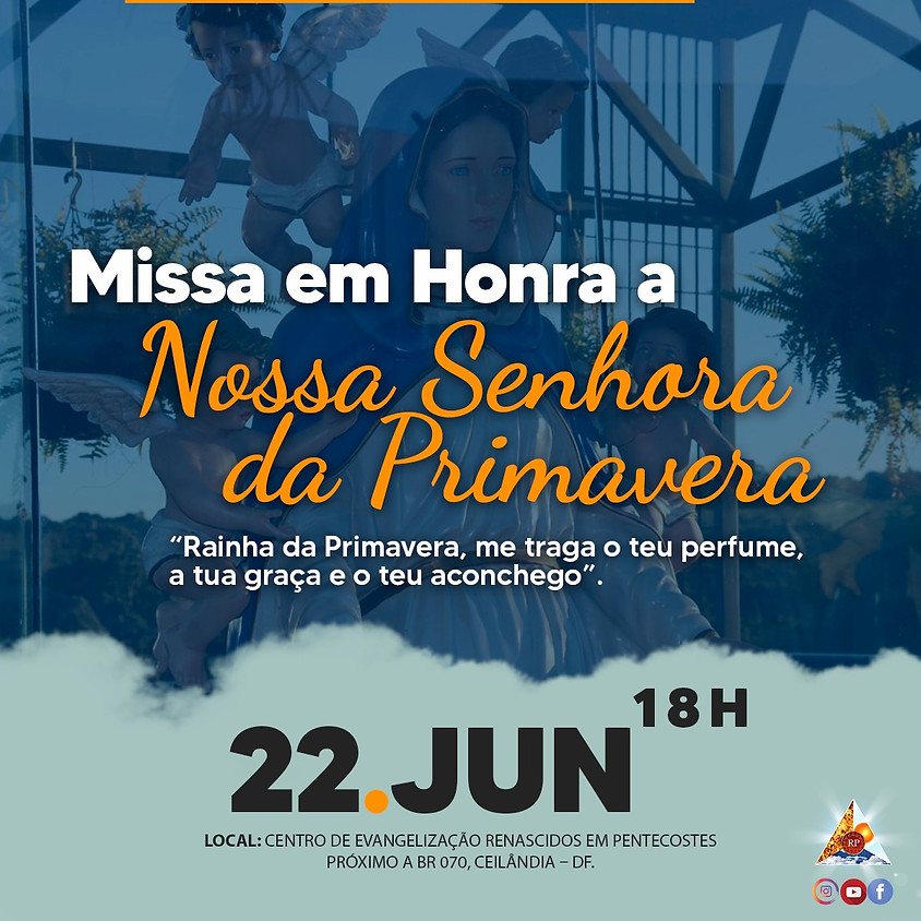 Dia 22 de Junho celebraremos a Santa Missa no Centro de Evangelização RP,presidida pelo Padre Moacir Anastácio,às 18h.