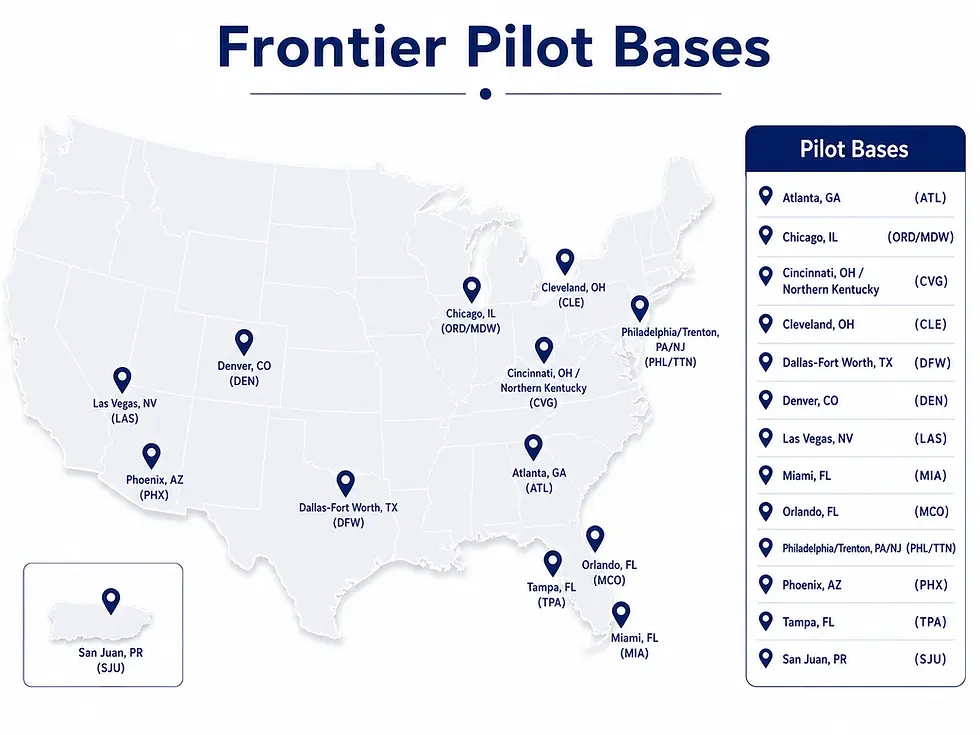 Picture of map with Frontier airlines bases