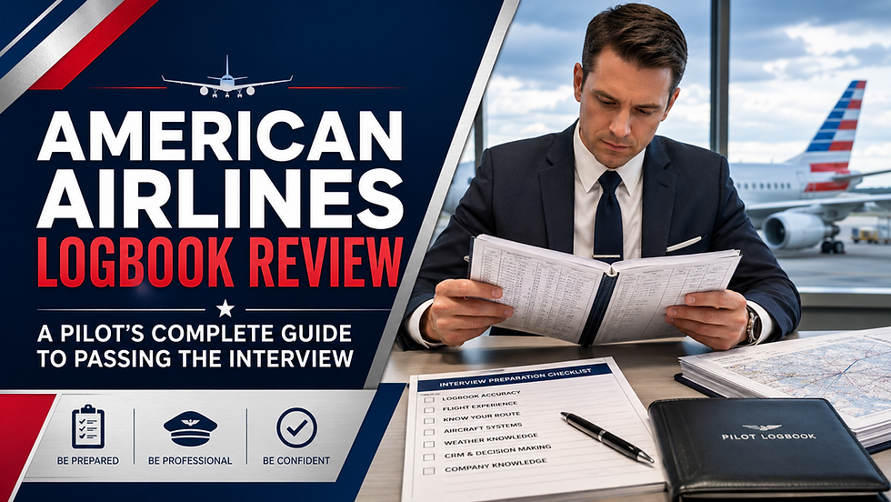 American Airlines logbook review poster shows a suited pilot studying paperwork at an airport desk, with checklist, plane, and title text.