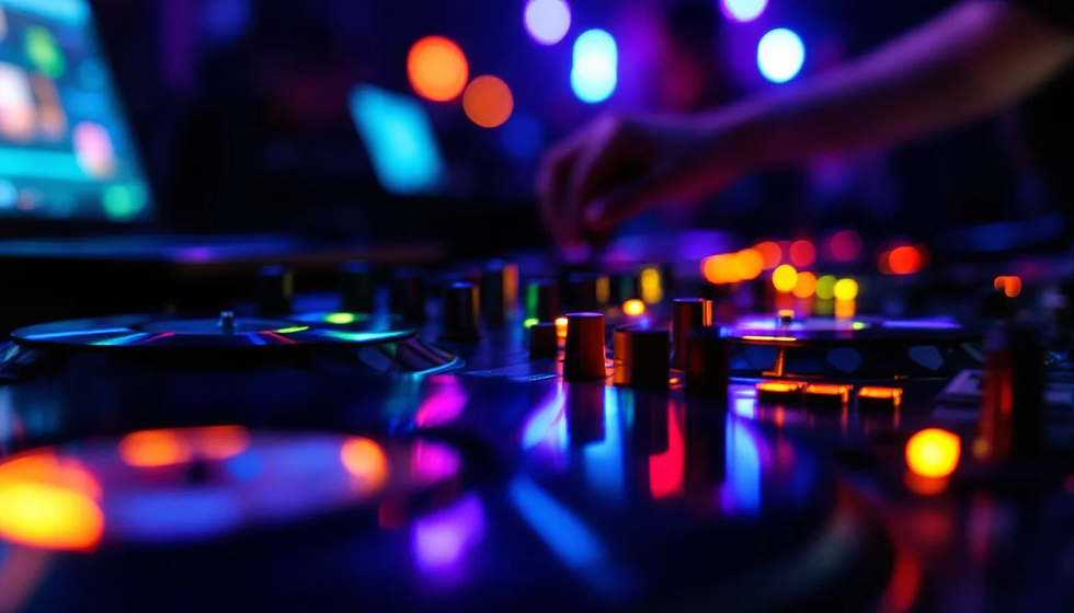 Close-up of a DJ mixer with a hand adjusting controls amid colorful neon club lights and glowing reflections.