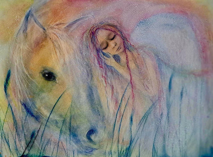Angel sleeping on magical horse in pastel colors in a field