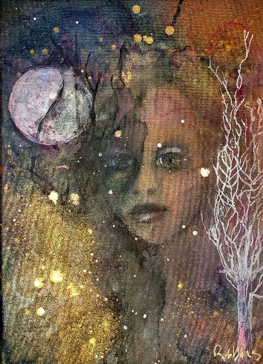 Goddess under full moon behind birch tree