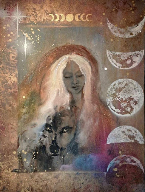 White haired goddess wearing red cloak, embracing wolf, surrounded by moons and stars