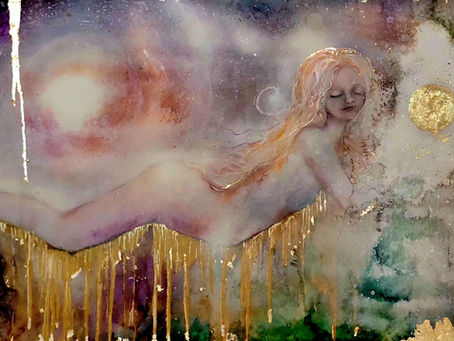 painting of goddess resting on mountains with gold leaf and jewel tone inks