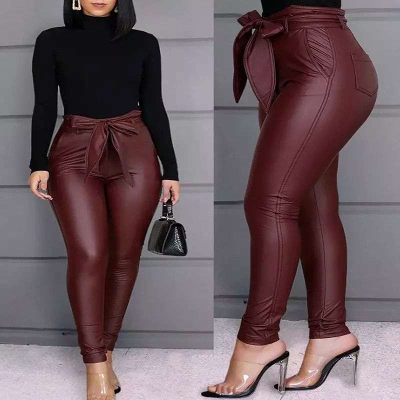 Wine Red Leather High Waist Pants