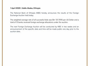 መጋቢት 23 2017 - ብሔራዊ ባንክ ዛሬ ባወጣው የ50 ሚሊዮን ዶላር የውጪ ምንዛሪ ጨረታ 1 ዶላር ካለፈው ጨረታ በ4 ብር ቅናሽ ባለው ዋጋ ተሸጧል