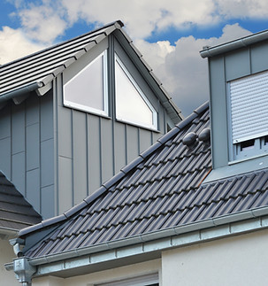 Grey Tiled Roof and standing Seam Metal plated Fume Hoods, Eves Gutter, Rain Pipe and Meta