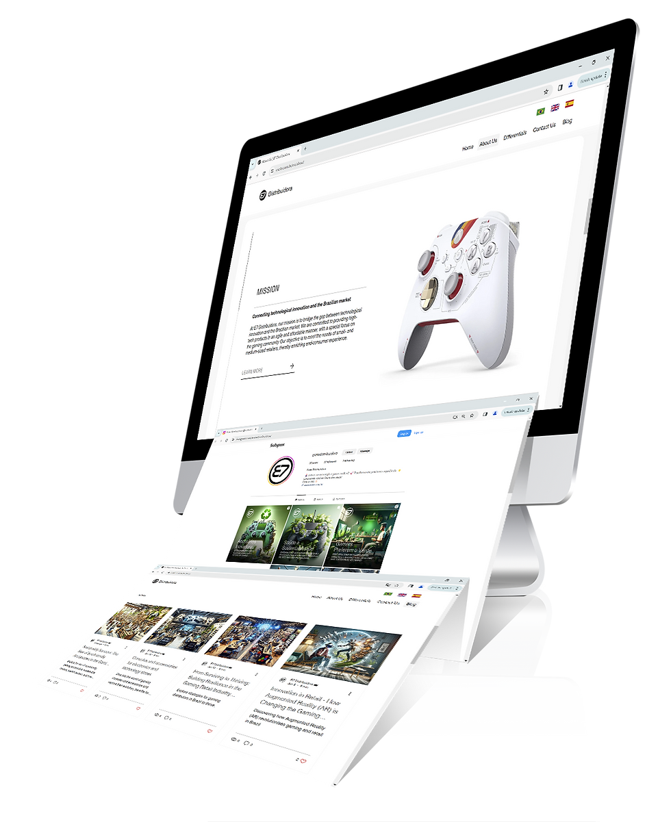 Desktop computer with the image of a page from the E7 distributor website and two images falling down, one from social media and the other from the blog