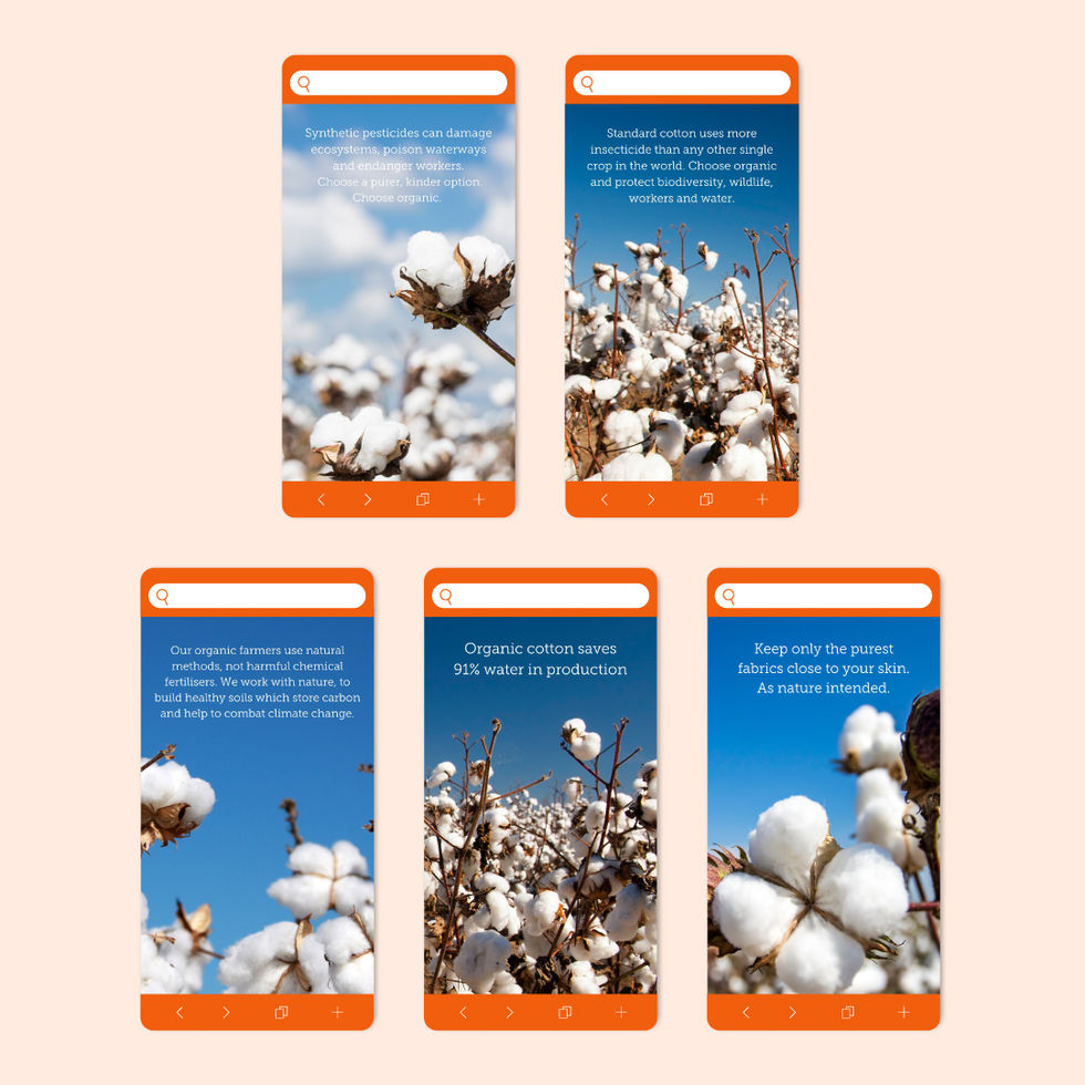 A display of Instagram stories educating the reader on the benefits of wearing and purchasing organic certified materials