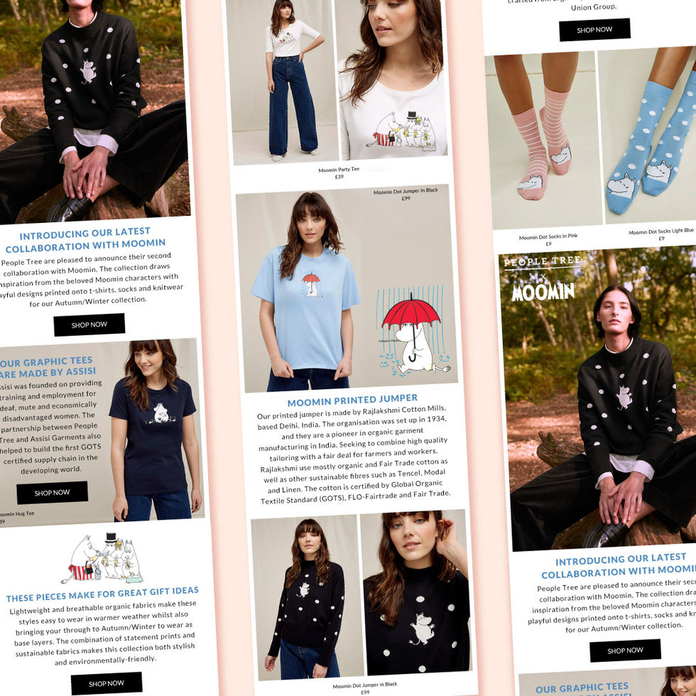 Email designs displaying the People Tree x Moomin launch